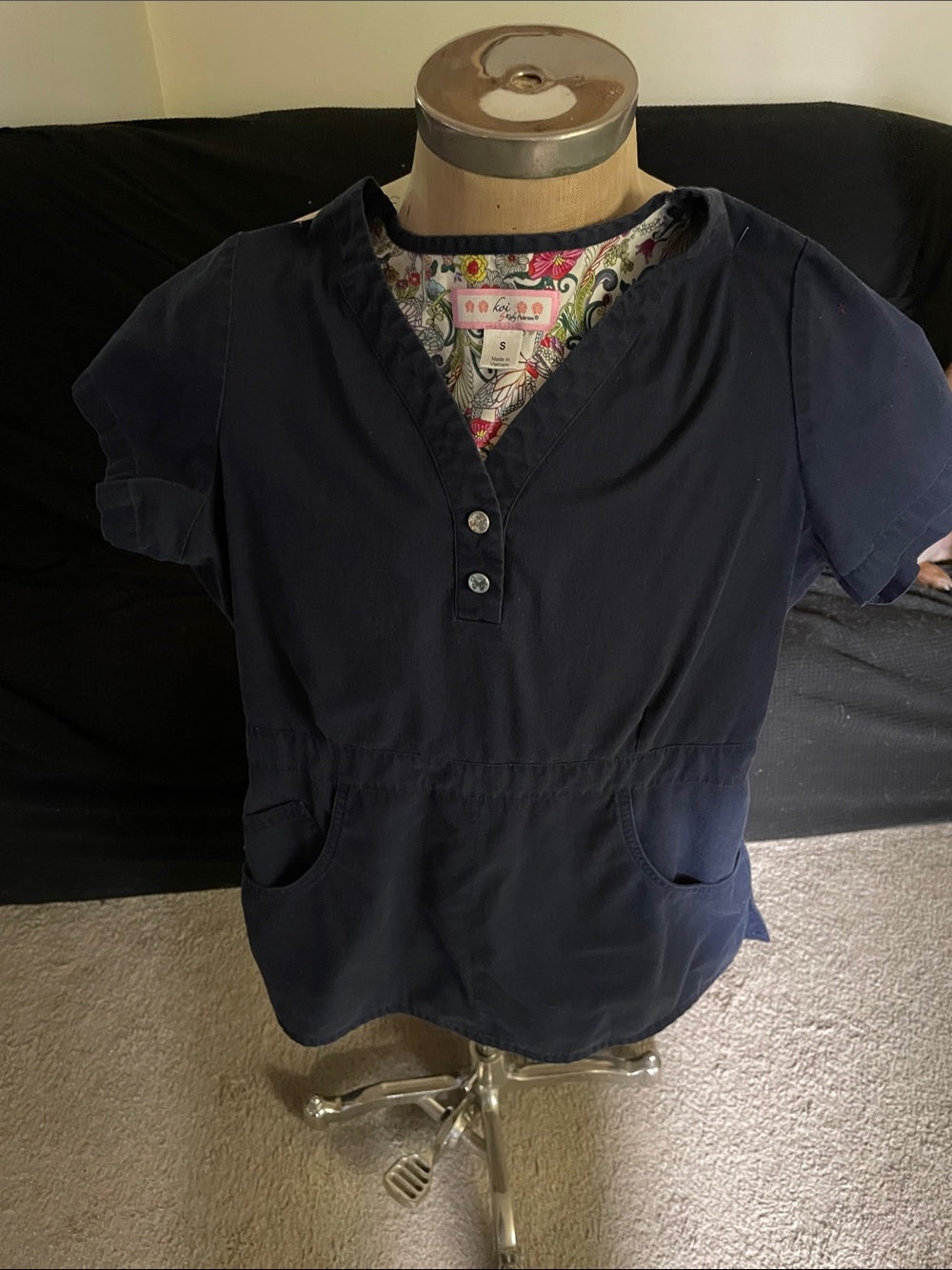 koi Navy Short-Sleeve Scrub Top with Floral Trim